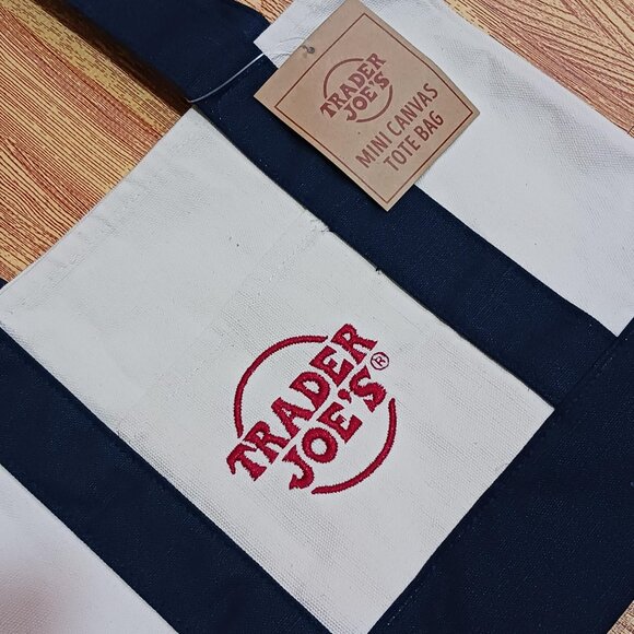 Trader Joe's Mini Canvas Tote Bag Cream Navy Blue Straps Red Embroidery - Picture 4 of 4
